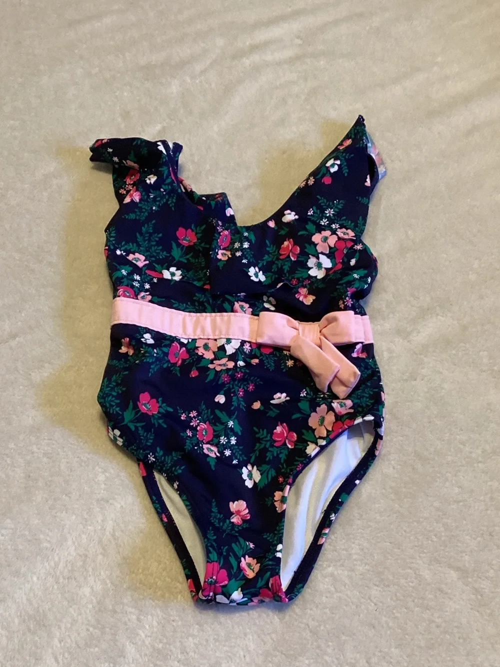Janie and Jack Navy Floral One-Piece with Pink Bow Belt